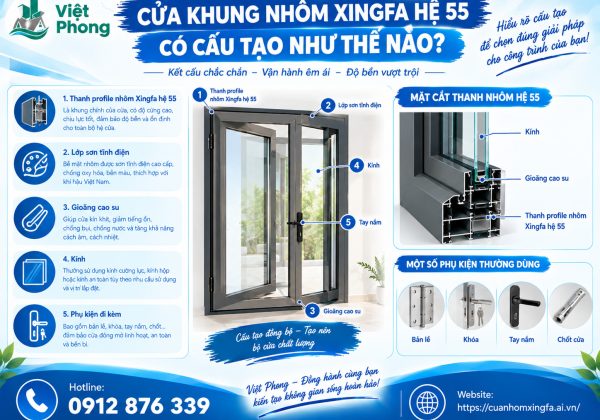 Cửa khung nhôm Xingfa hệ 55 có cấu tạo như thế nào?